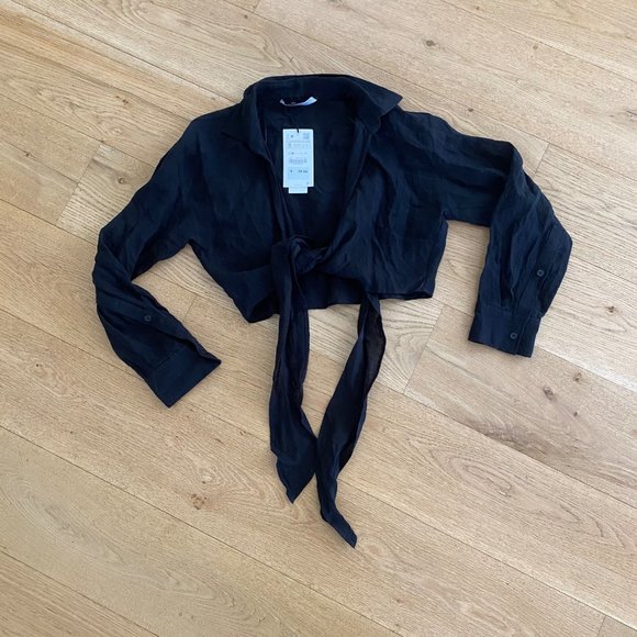 Zara Tops Zara Long Sleeve Linen Tie Front Crop Top In Black Poshmark